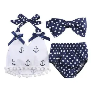 Summer Infant Girls Anchor Tops+Polka Dot Briefs+Head Band  Outfit