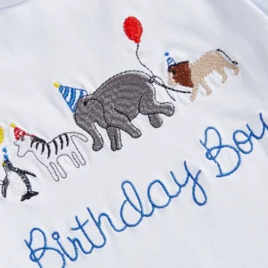 Baby Boy Birthday Outfit Set with Cute Animal Print Top and Stylish Plaid Shorts